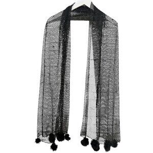 Black Mesh Scarf Fur Pom Pom Evening Shawl Fishnet Wrap